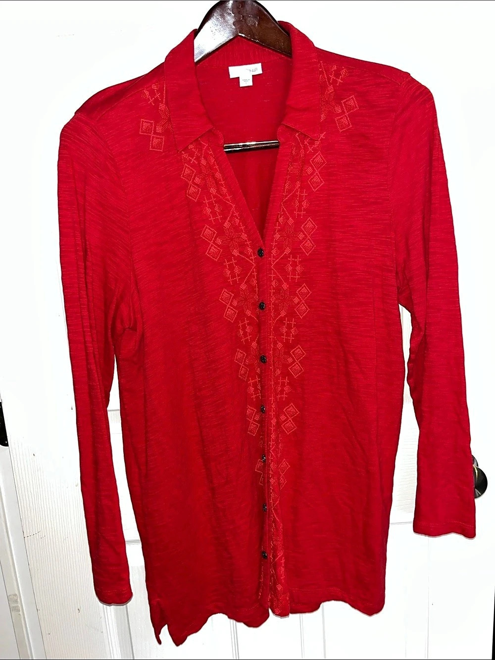 J. Jill Red Embroidered Button Down Shirt